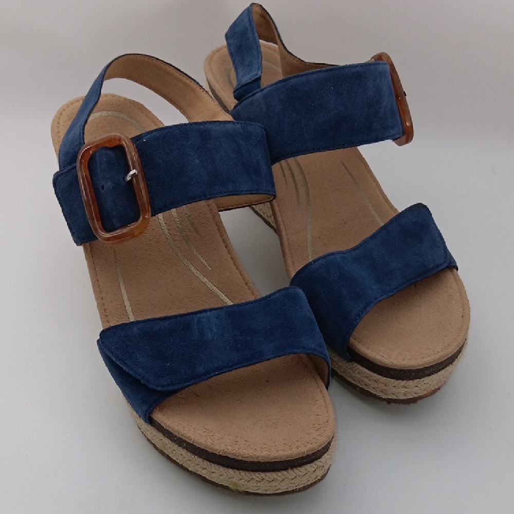 AETREX BLUE ESPADRILLE SANDALS WITH TAN ACCENTS
